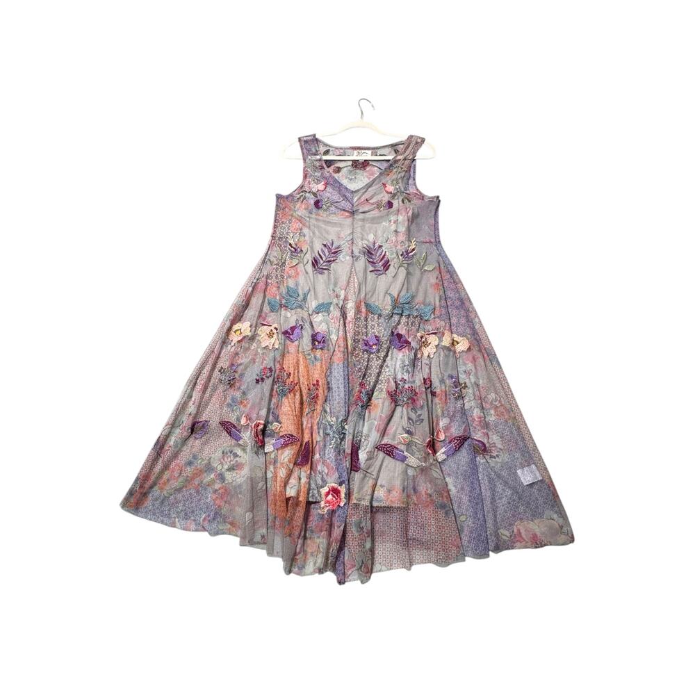 Johnny Was Silvana Midi Dress Womens M Multicolor Embroidered Floral Mesh Lined - Picture 2 of 14